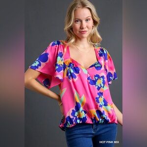 Umgee Hot Pink Floral Women's Blouse